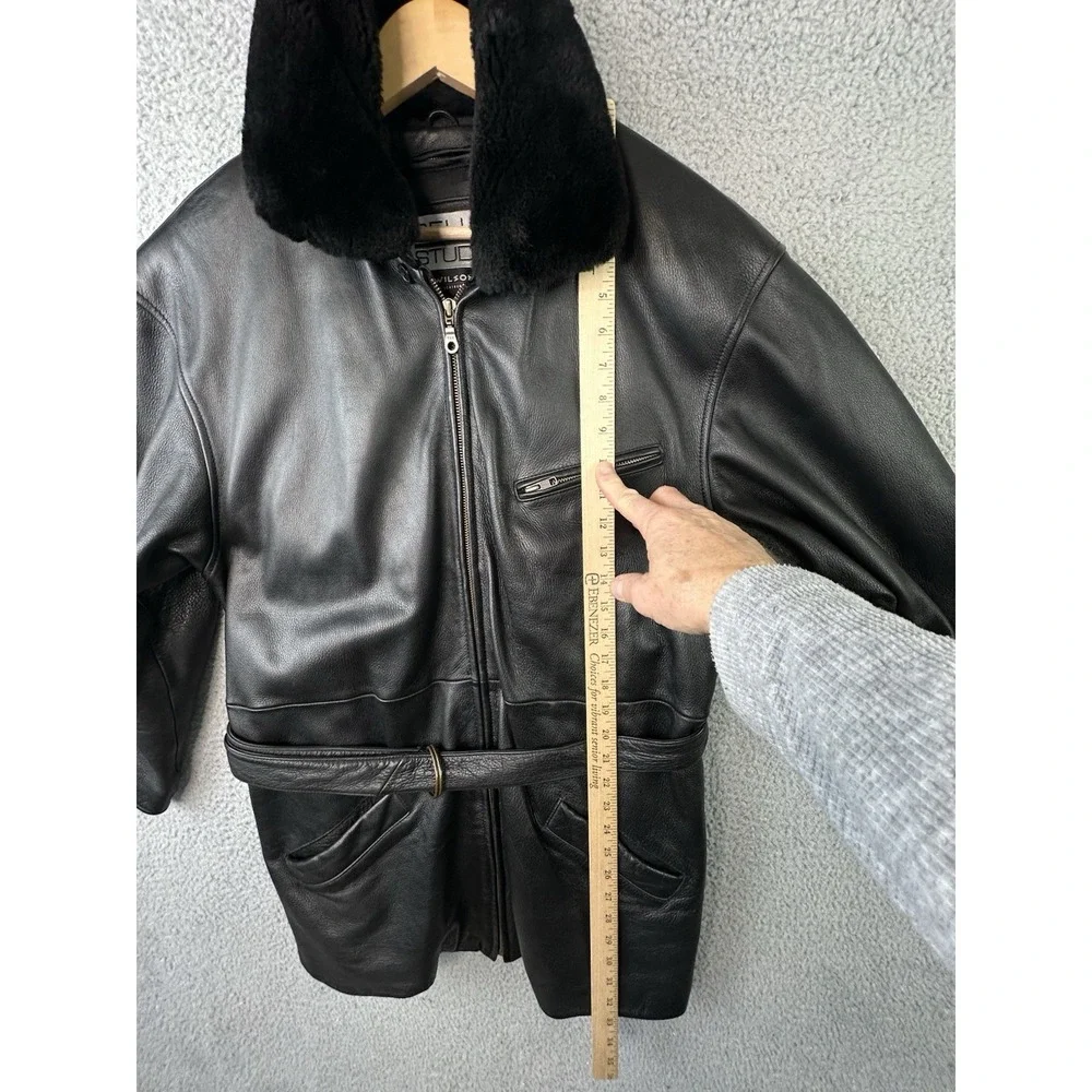Wilsons Leather Pelle Studio Black Jacket Women L Removable Fur Collar Belted